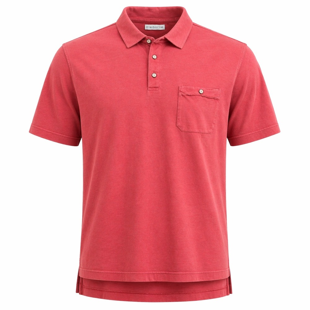 Claiborne Mens Cotton Polo Shirt Red Short Sleeve Snap Button Pocket Large
